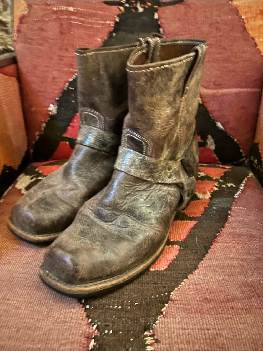 FRYE AND CO. Distressed Brown Leather Harness Cowboy Boots